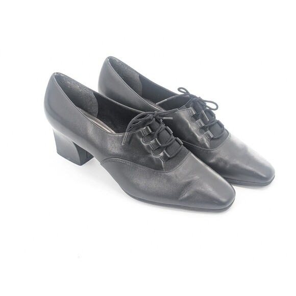 Naturalizer Black Leather Vintage Tie Up Square Toe Oxford Heel Pump Size 11M - Picture 1 of 12